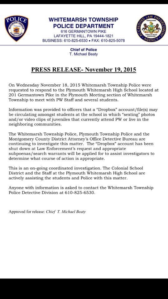 Whitemarsh Police Investigating Sexting At Plymouth Whitemarsh High School Morethanthecurve 0812